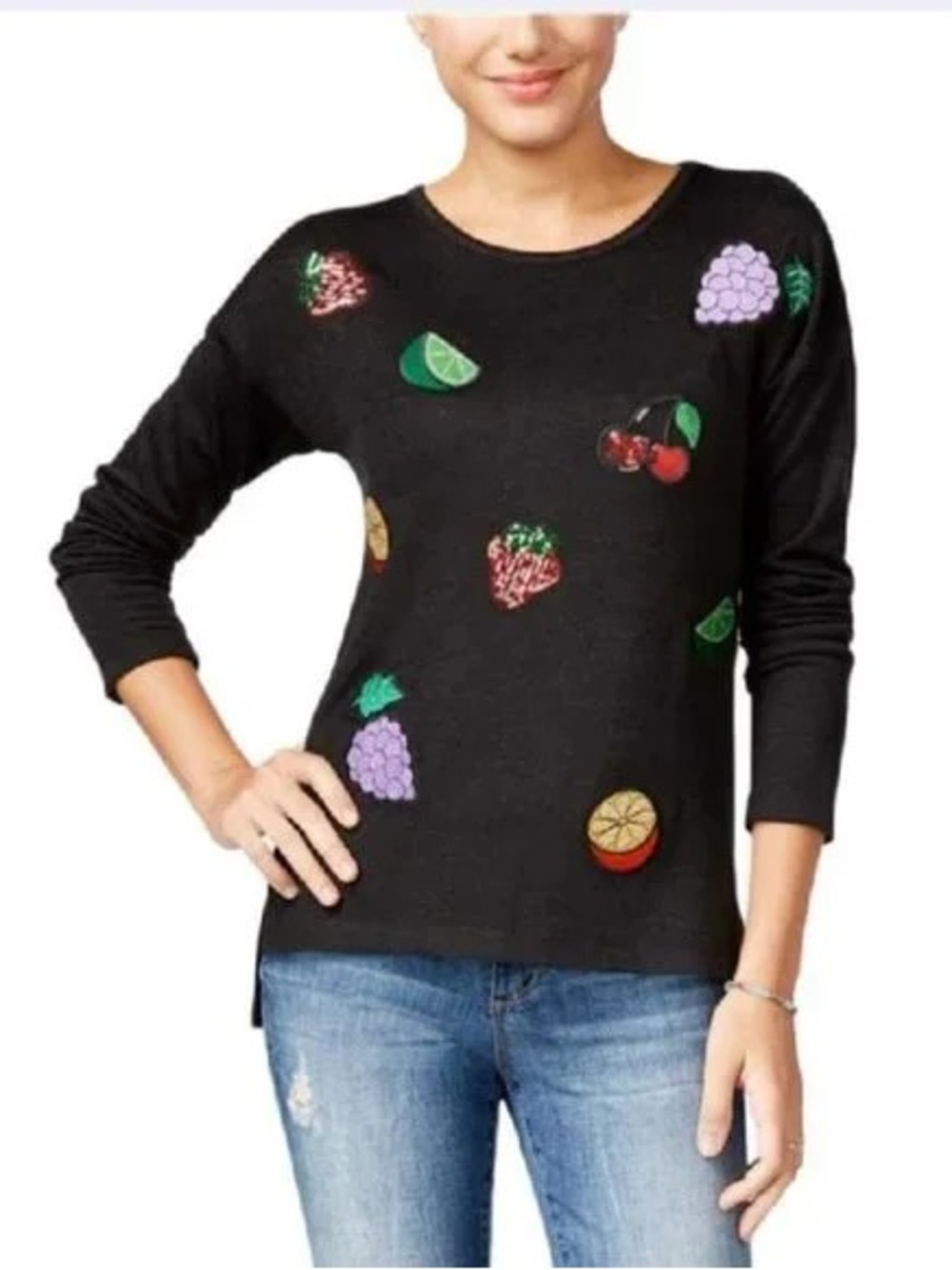 Oh MG! Juniors Fruit Sequined Patch Light Long Sleeve Sweater Black Size Small